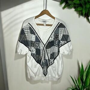 90s Vintage Quilted Patchwork Lace Trim Sweater Top